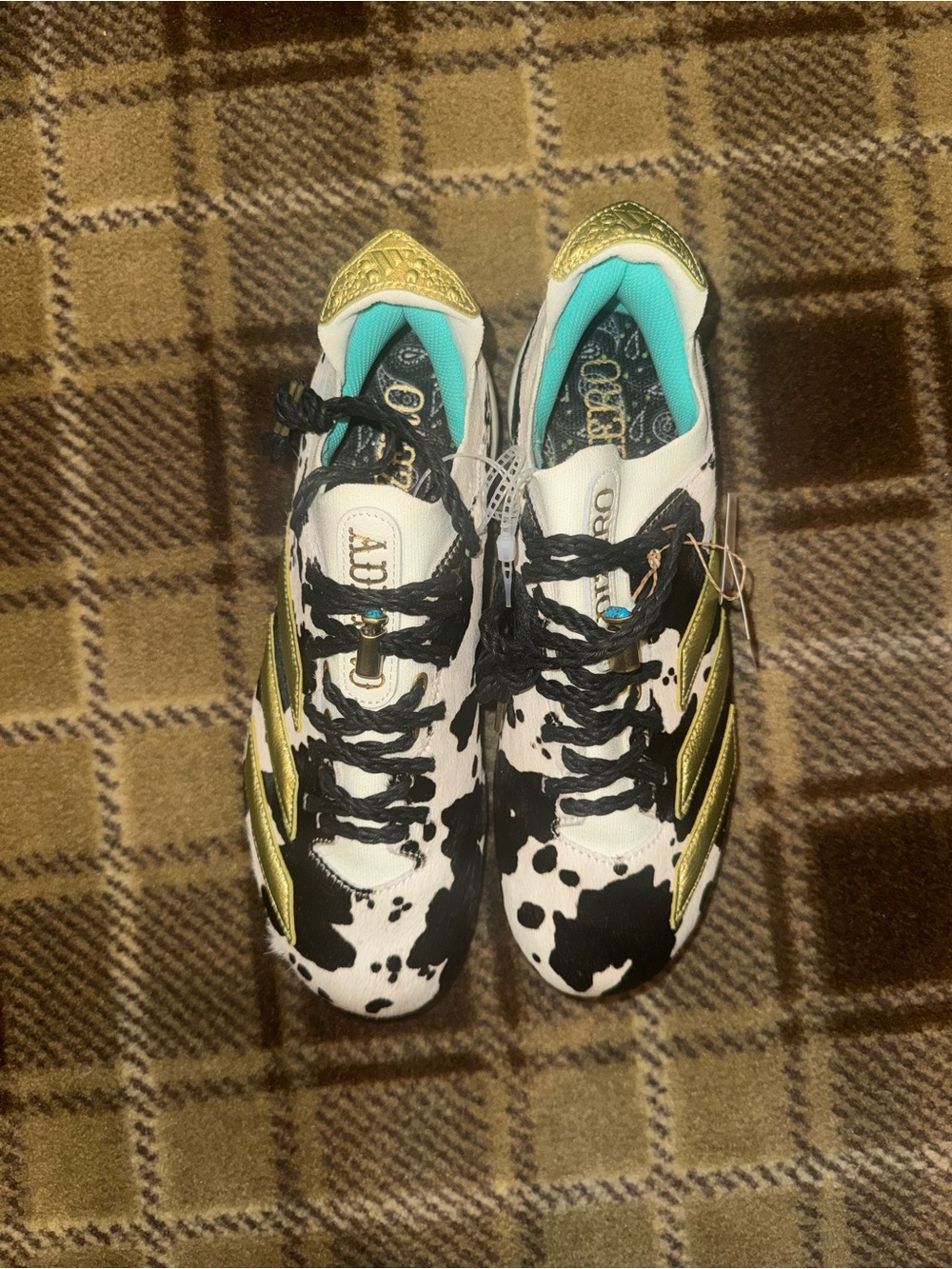 Adidas Cow-Print Athletic Sneakers with Gold Accents and Teal Lining